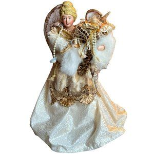 Vtg Angel Christmas Tree Topper Seashells Pearls Fabric Gown Gold Wings 13" T